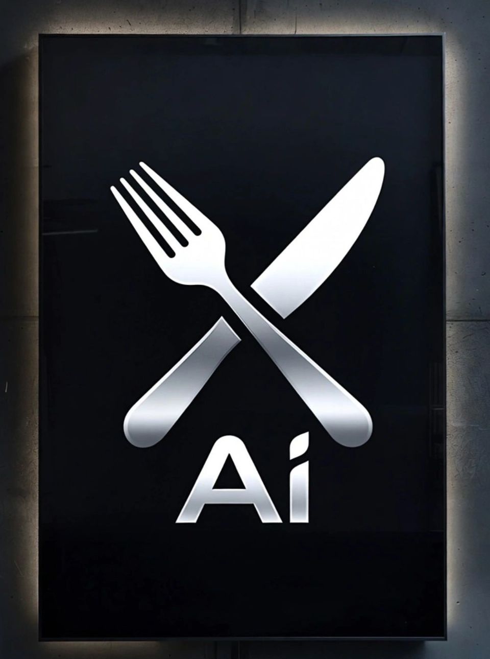 Dark sign showing a crossed knife and fork above the letters AI.