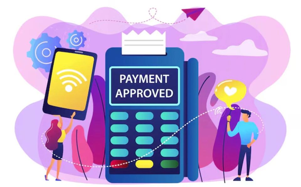 Illustration of a card payment terminal reading payment approved, with a contactless phone and two small figures either side.