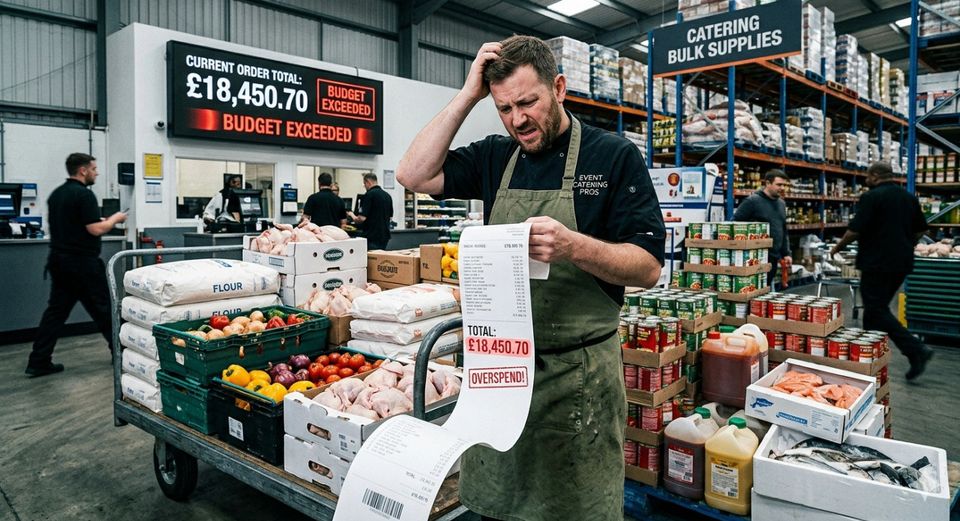 Chef in a cash and carry holding a long till receipt, a loaded trolley beside him and a sign showing the order total over budget.