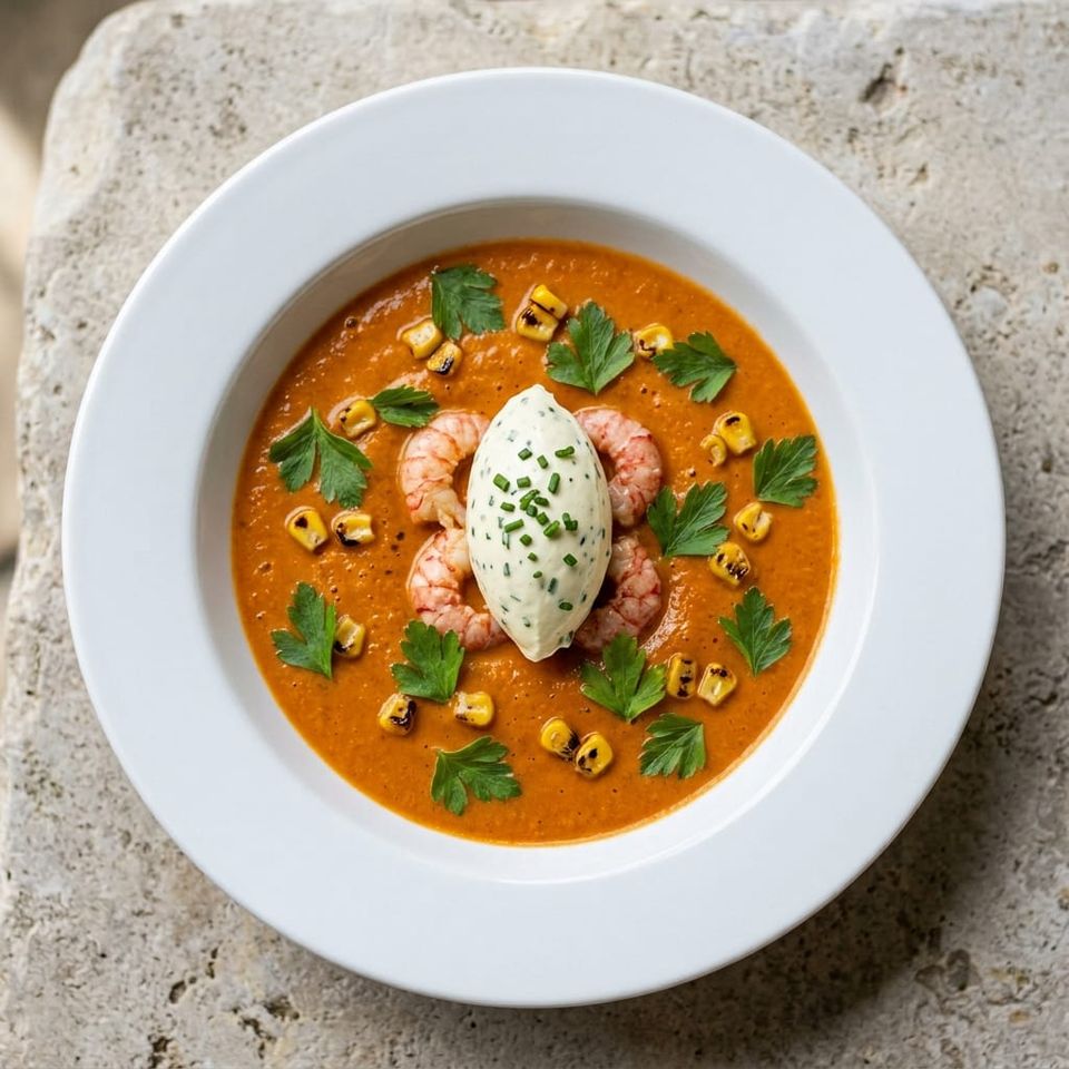 Signal crayfish and sweetcorn bisque in a wide white bowl, garnished with herb cream, fresh parsley and charred sweetcorn kernels