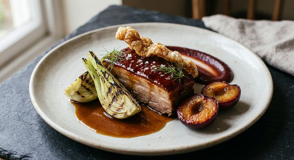 Pressed pork belly with roasted plums, charred fennel and puffed crackling, plated for restaurant service