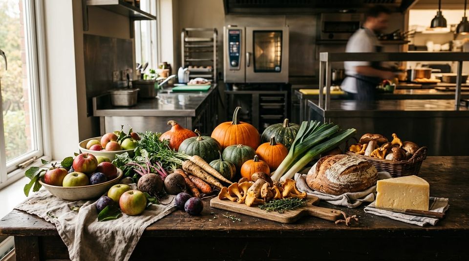 British autumn produce on a commercial kitchen bench, squash, apples, plums, root vegetables, wild mushrooms, sourdough and Cheddar