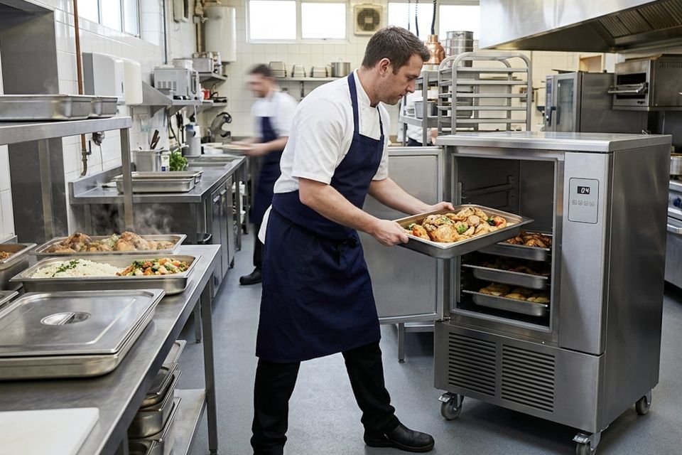 A chef loading a gastronorm of hot cooked chicken into an open blast chiller, more trays already on the runners below.