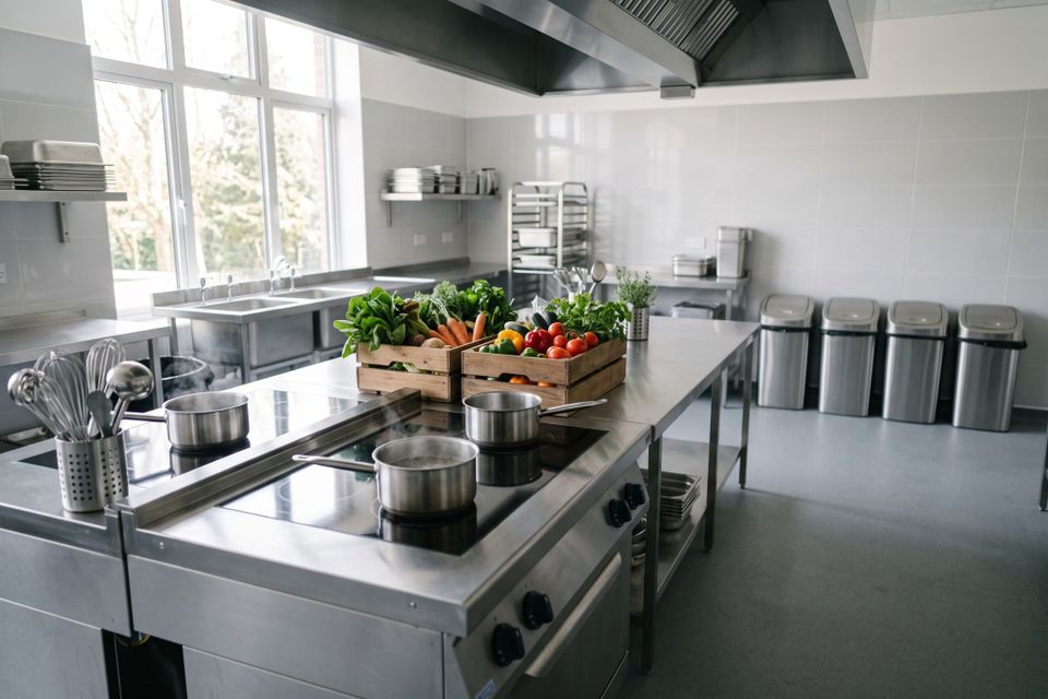 Pans working on flat induction hobs in a daylit stainless kitchen, waste bins lined up along the wall behind.