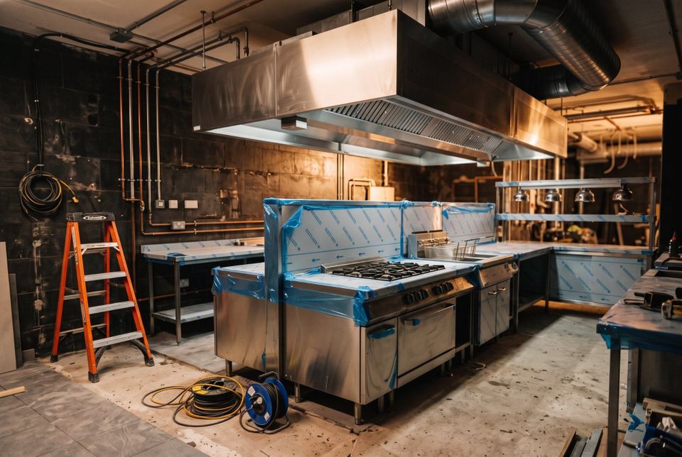 A commercial kitchen part way through installation, with the cooking suite and service pass still wrapped in protective film, ductwork overhead and the floor not yet finished.