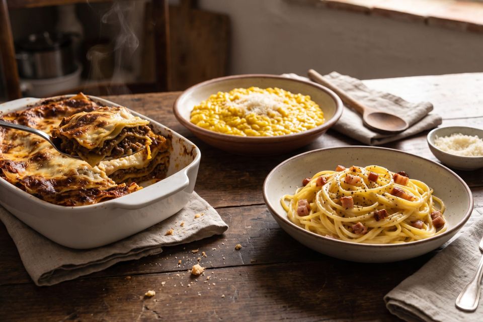 A baked lasagne, a bowl of saffron risotto and a bowl of spaghetti carbonara together on a wooden table.