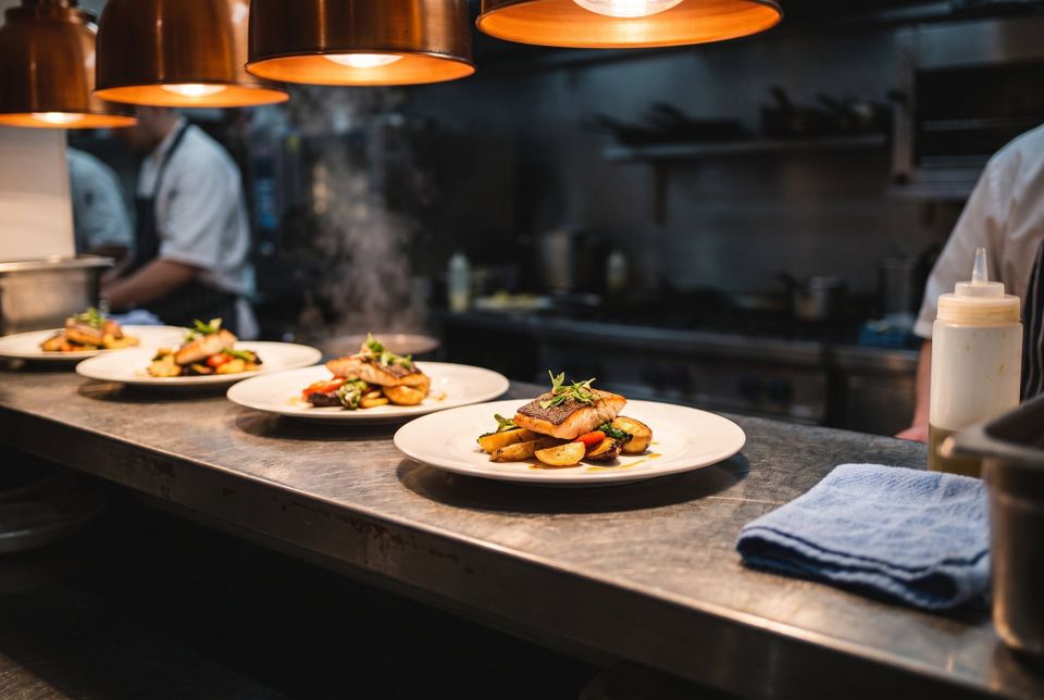 Plated dishes lined up on a stainless steel kitchen pass under copper heat lamps, with a chef working out of focus behind.