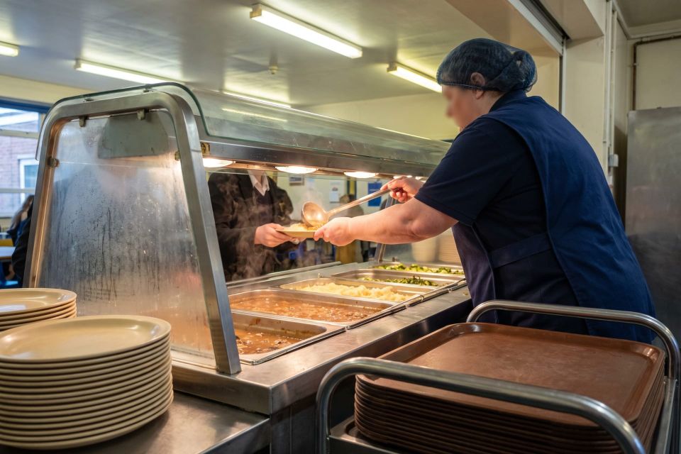 A school kitchen assistant serving mashed potato and gravy from the hot counter onto a plate at a school servery