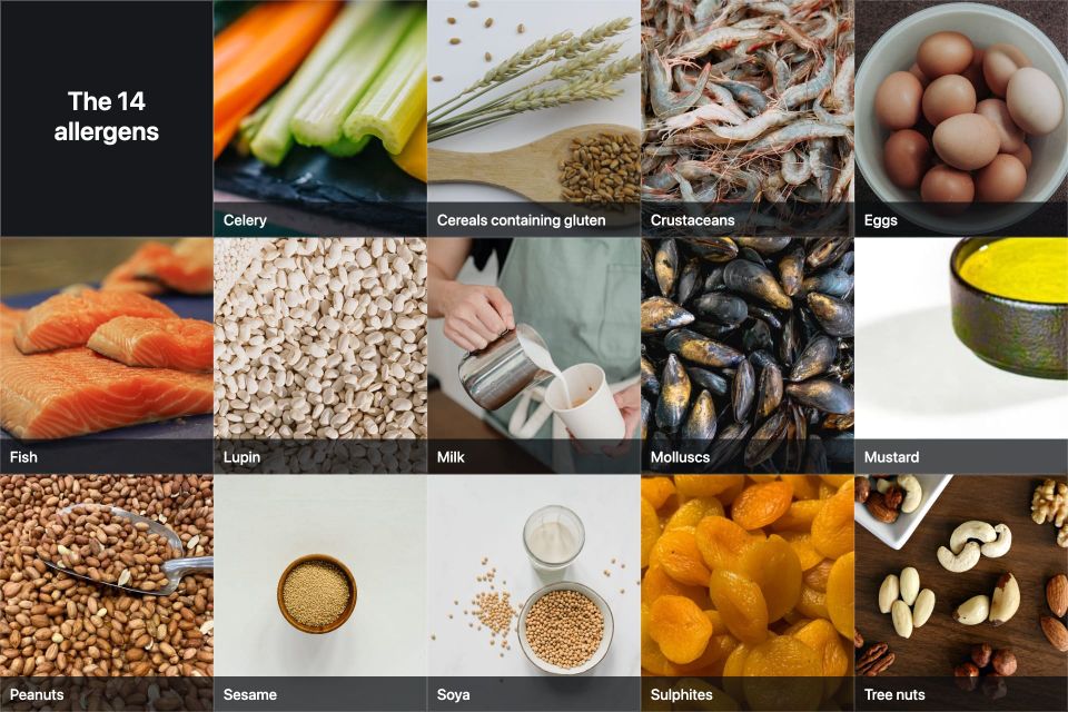 The fourteen named food allergens shown as a labelled grid, from celery and cereals containing gluten through to sulphites and tree nuts