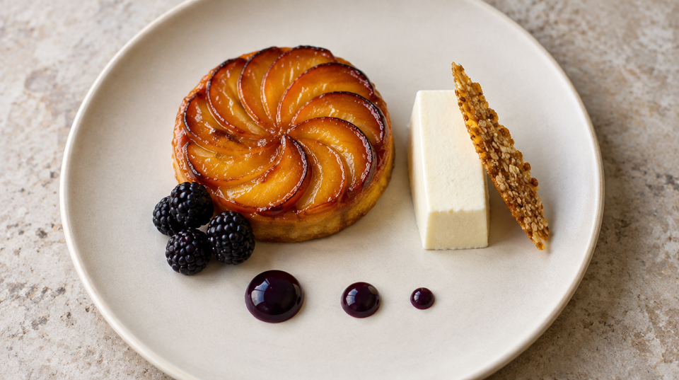 Cox apple tarte fine with crème fraîche parfait, oat and brown butter crisp shard and blackberry gel dots on a warm plate