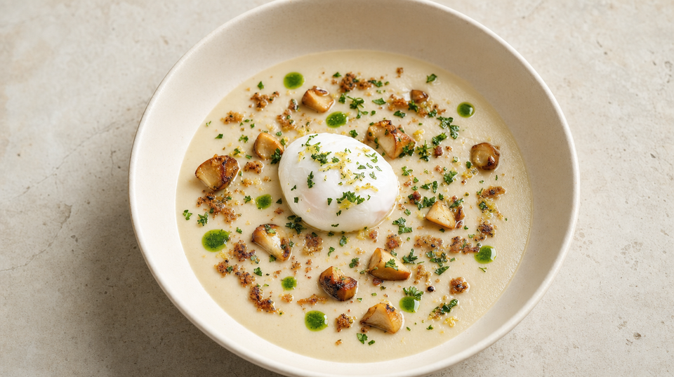 A pale cep velouté with a soft poached egg, golden sautéed ceps and a bright green parsley crumb, in a shallow bowl.