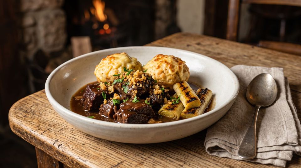 Braised Welsh Black beef shin in a rich ale gravy with Caerphilly dumplings, charred leeks and a bone marrow crumb