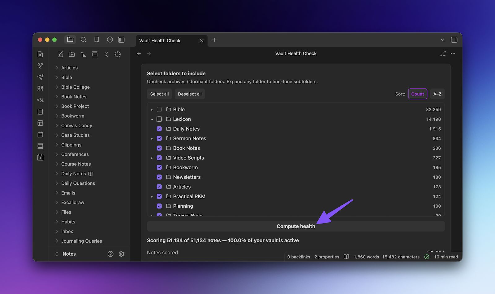 The Compute health button (click after you deselect your archive folders).