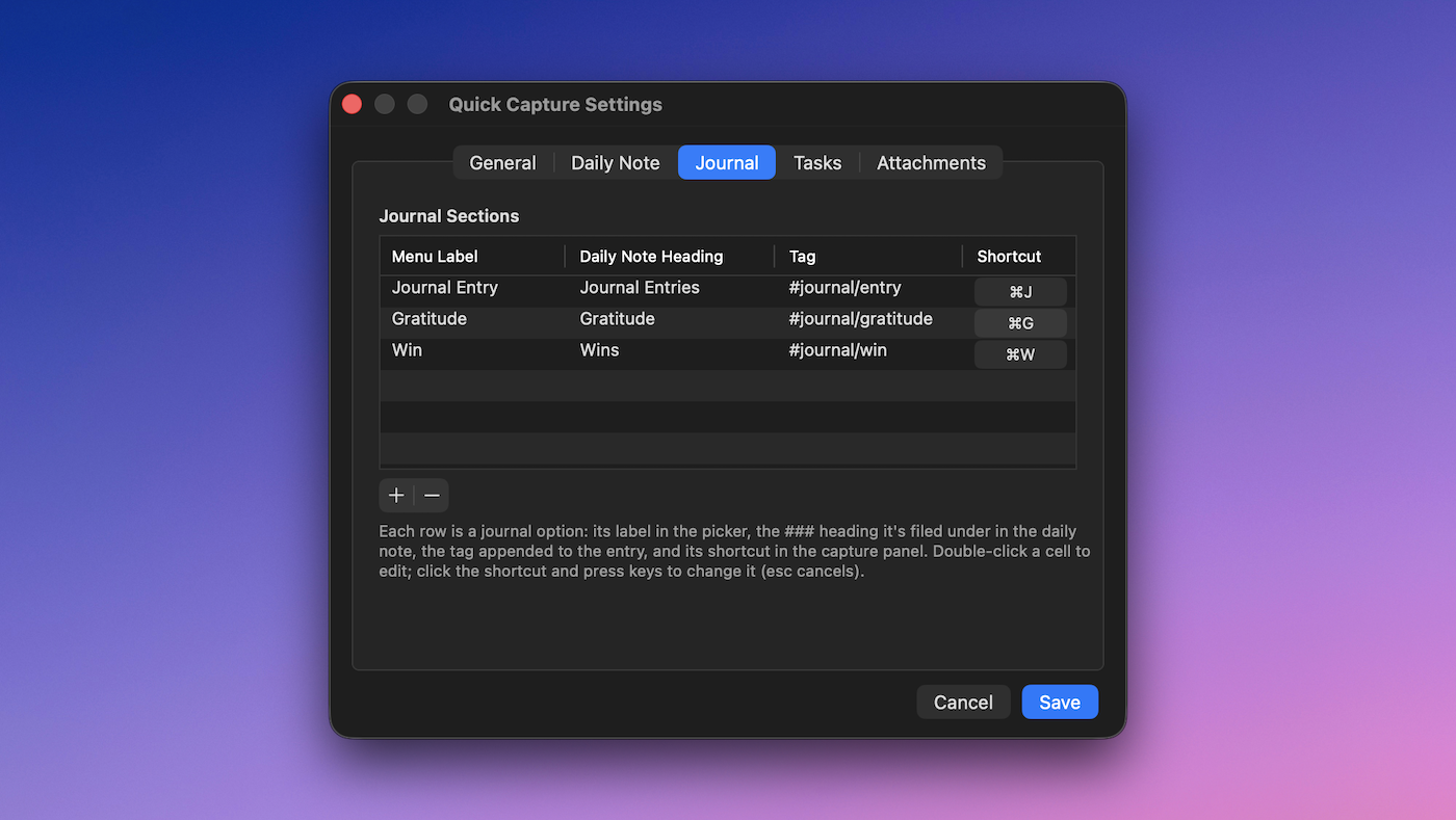 The Journal settings screen.