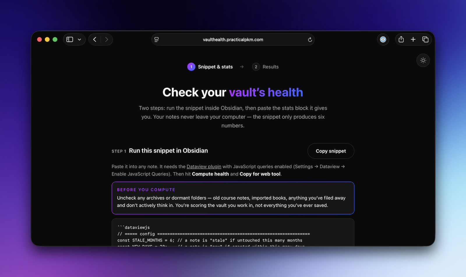 The snippet to add to your Obsidian vault on the webpage.