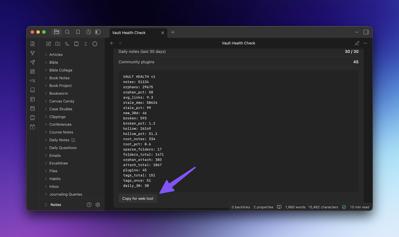 The stats block from the Obsidian snippet to paste into the web tool.