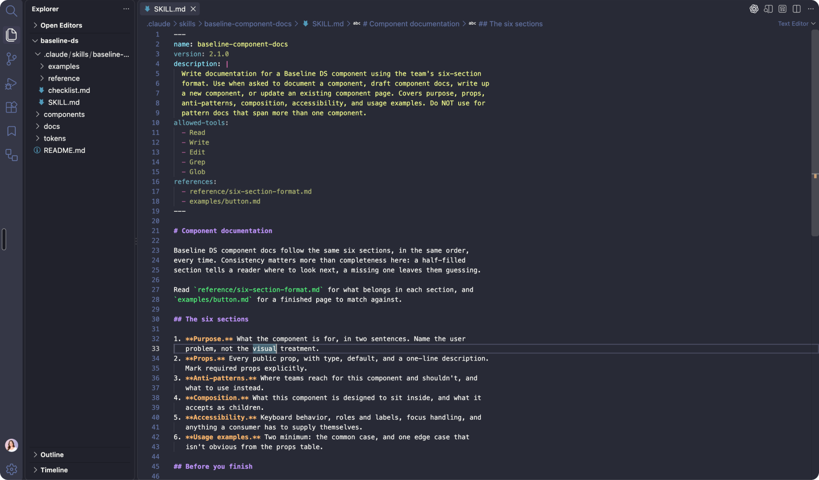 A code editor showing the baseline-ds repo. The file tree includes a component-docs skill folder containing SKILL.md, a checklist, and reference and examples folders, alongside the usual tokens, components and docs folders. SKILL.md is open, showing its name, version, description and allowed-tools fields.