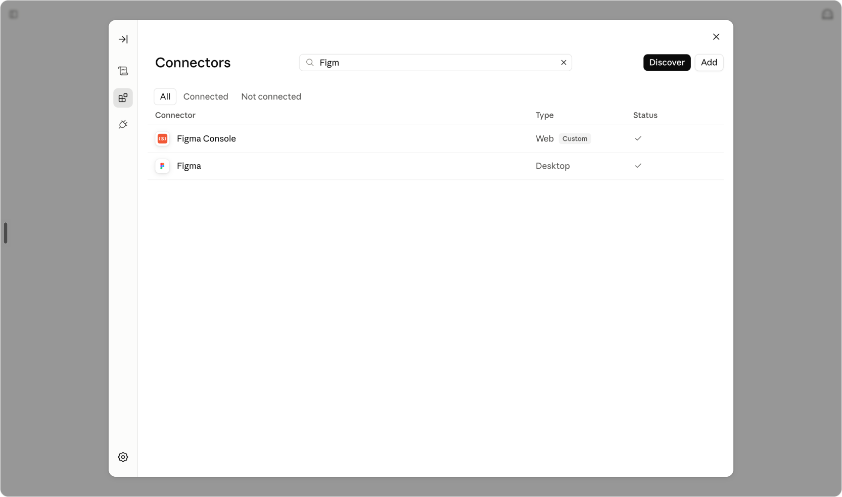 Claude's connectors panel with a search for Figma. Two results: Figma Console, a custom web connector, and Figma, a desktop connector. Both show a checkmark indicating they're connected.