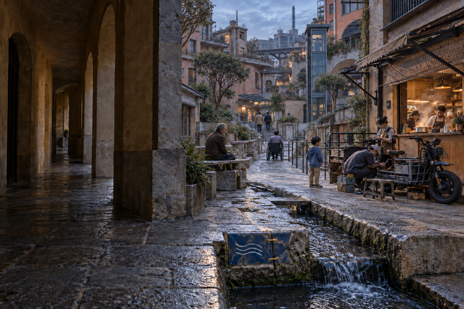 Residents cross the Lower Gate of New Siena Shenzhen at dawn beside workshops and a maintained civic water channel.