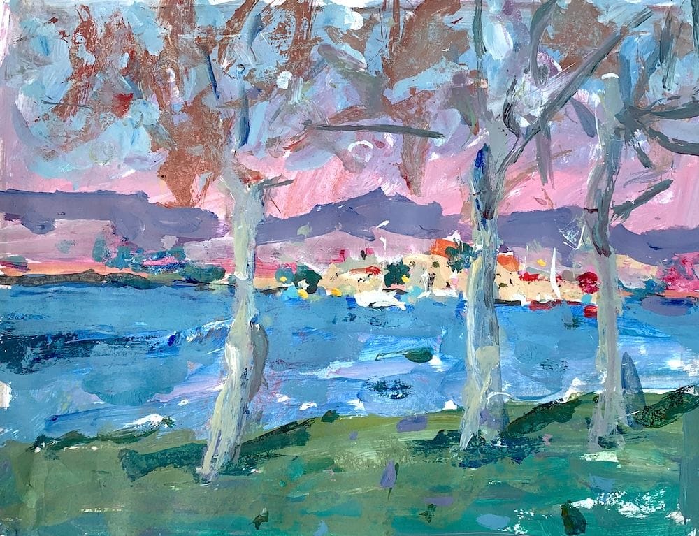 Painterly acrylic landscape with trees, blue water, and distant hills under a warm pink sky.