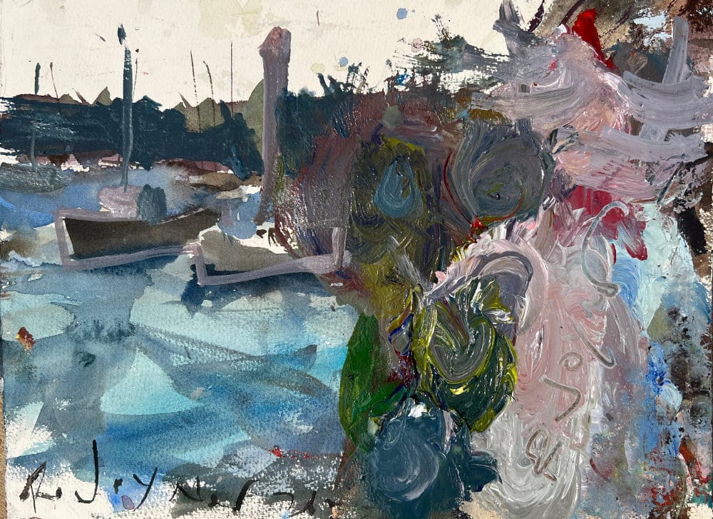 City street painting rescued with acrylic layers over a failed watercolor underpainting