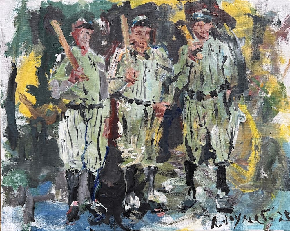 Loose, expressive painting of Babe Ruth in New York Yankees uniform with other legends