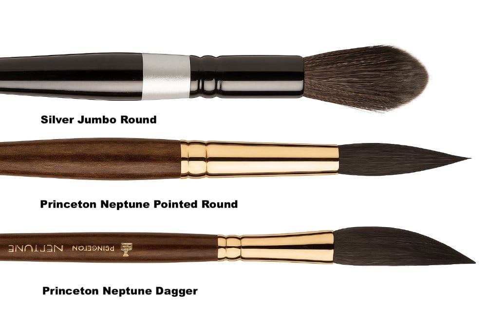Top watercolor brushes stacked vertically with bristles up: Silver Black Velvet Jumbo wash, Princeton Neptune #12, #6, and Neptune Dagger.