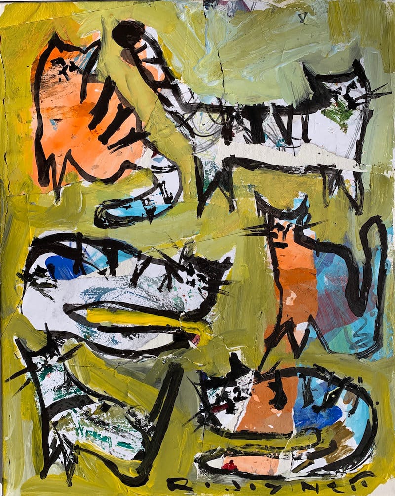 Playful collage cats cut from handmade papers on olive green paint with expressive black line.