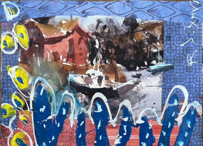 Harbor scene with red fish house and boats framed by blue patterned collage borders and bold wave-like strokes.
