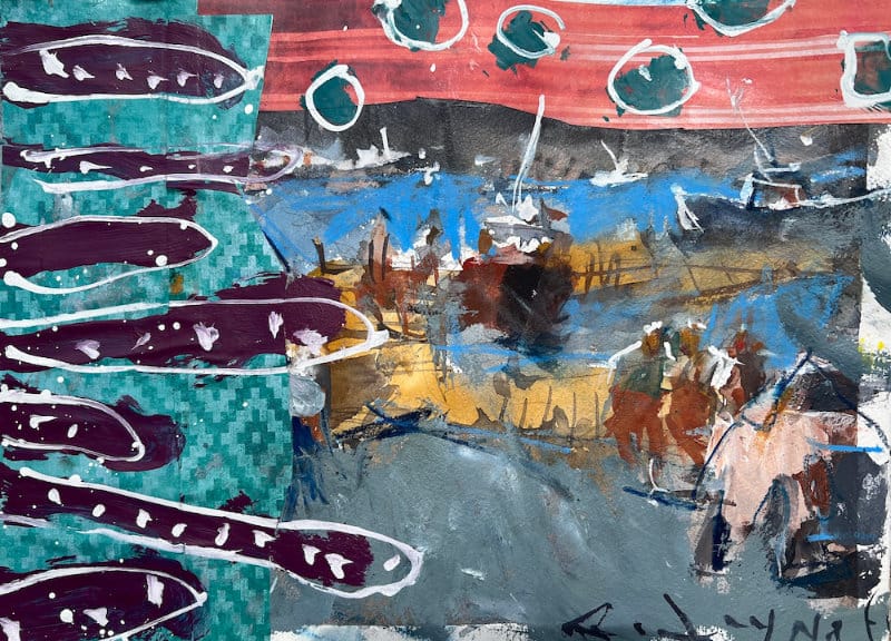 Loose dock with lobster boats bordered by teal pattern on the left and a red patterned band above.