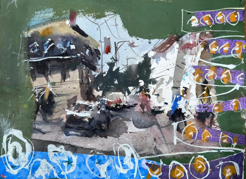 Expressive urban street scene framed by green and purple patterned collage borders with small repeating marks.