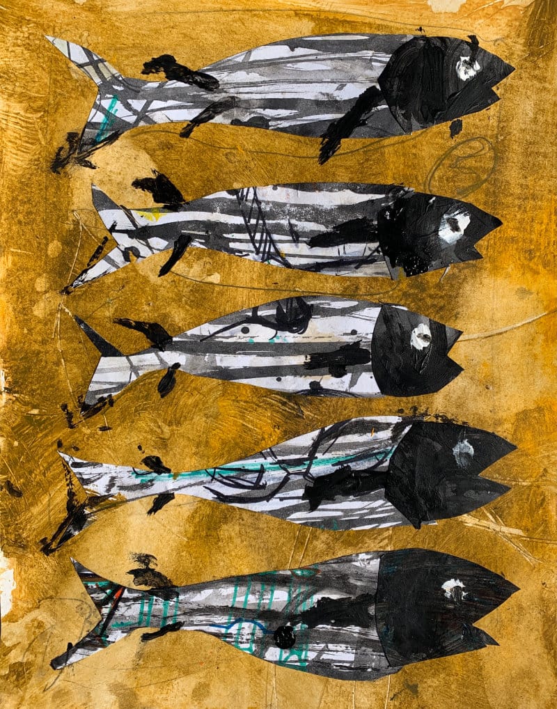 Stacked fish collage cut from striped handmade papers on ochre ground with bold black accents.