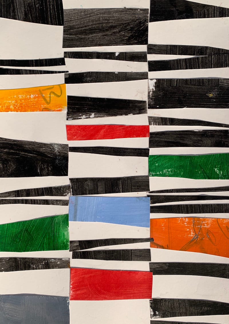Strip collage of black-and-white horizontal bands with red, orange, green, and blue inserts—beginner grid/stripe study