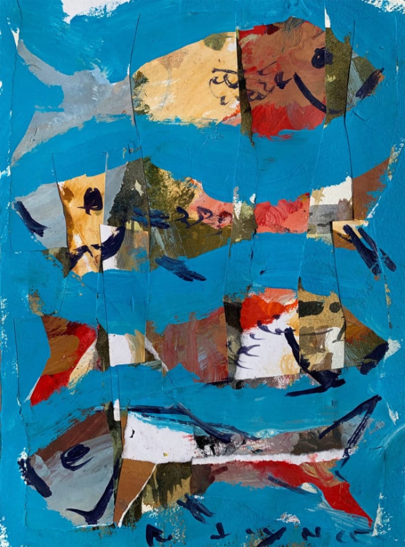 Collage art idea using handmade strips of paper and negative space techniques.