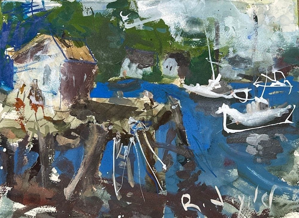 Dockside scene in mixed media with textured paper and bold brushwork.