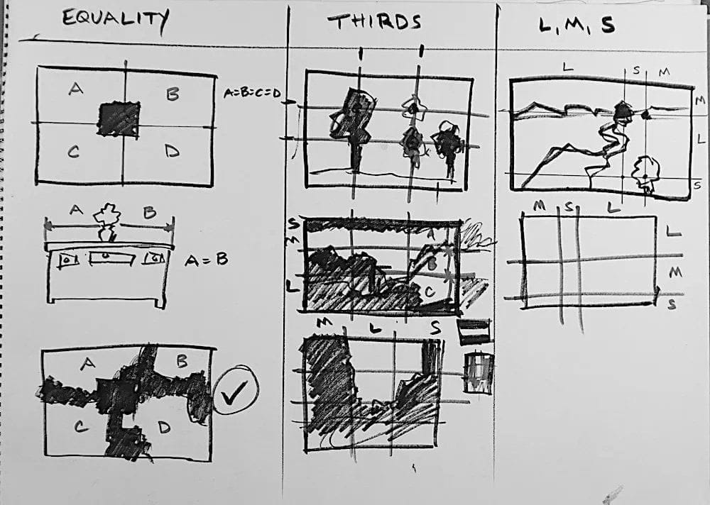 Composition examples with thumbnails demonstrating focal point, rule of thirds, and negative space.