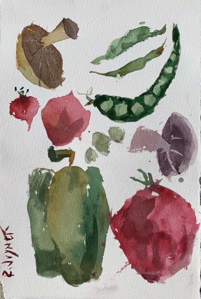 Easy watercolor idea with assorted watercolor fruits and veggies with bold shapes and color