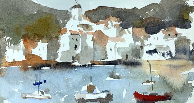 European landscape painting idea with water, lots and distant buildings