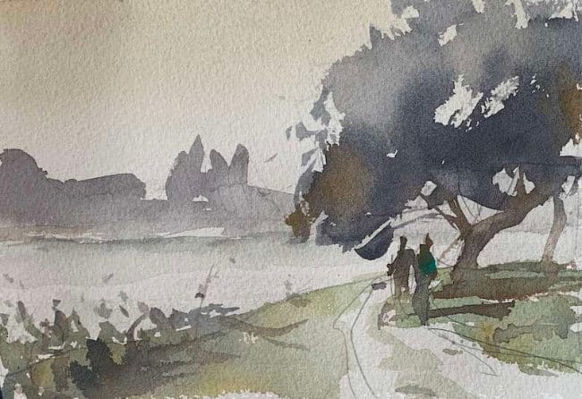 Monochromatic landscape with figures walking under tree