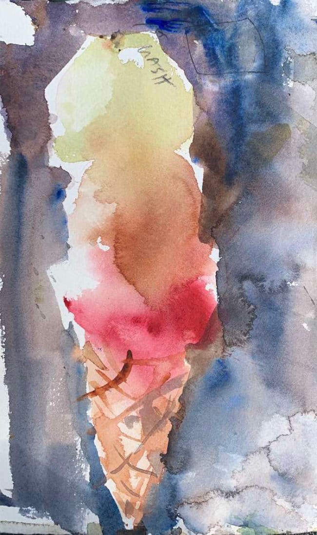 Loose watercolor ice cream cone with mingling flavors