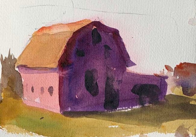 Easy classic red barn rural landscape painting idea