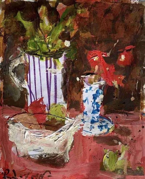 Expressive mixed media still life painting featuring bowls, vessel, and flowers created with handmade collage paper and vibrant acrylics.