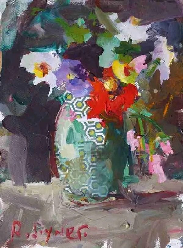 Mixed media flower painting with bold red focal bloom and layered collage textures.