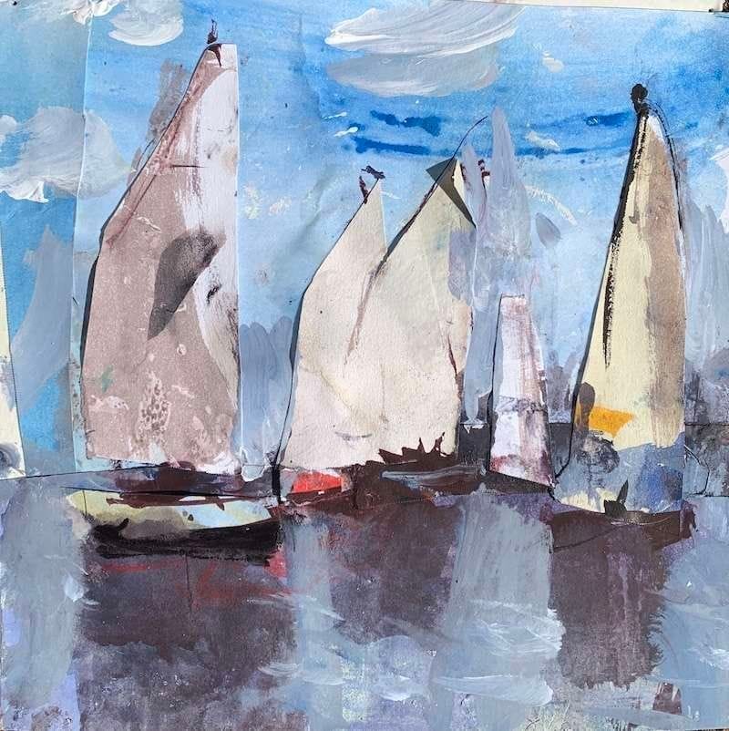 Mixed media collage painting of a coastal landscape with sailboats, rolling hills, and rippling water.