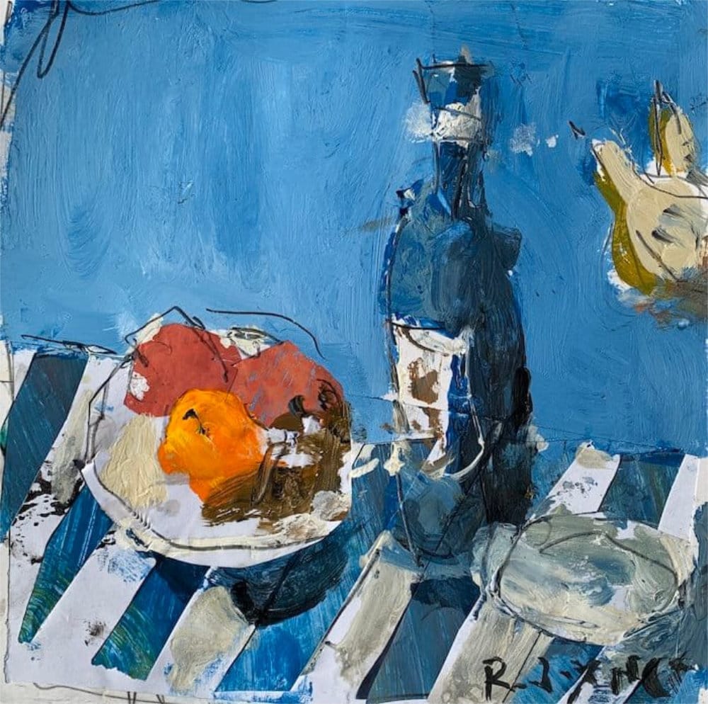 Finished mixed media collage still life artwork featuring wine bottle, tea cups, and cool color scheme with warm highlights