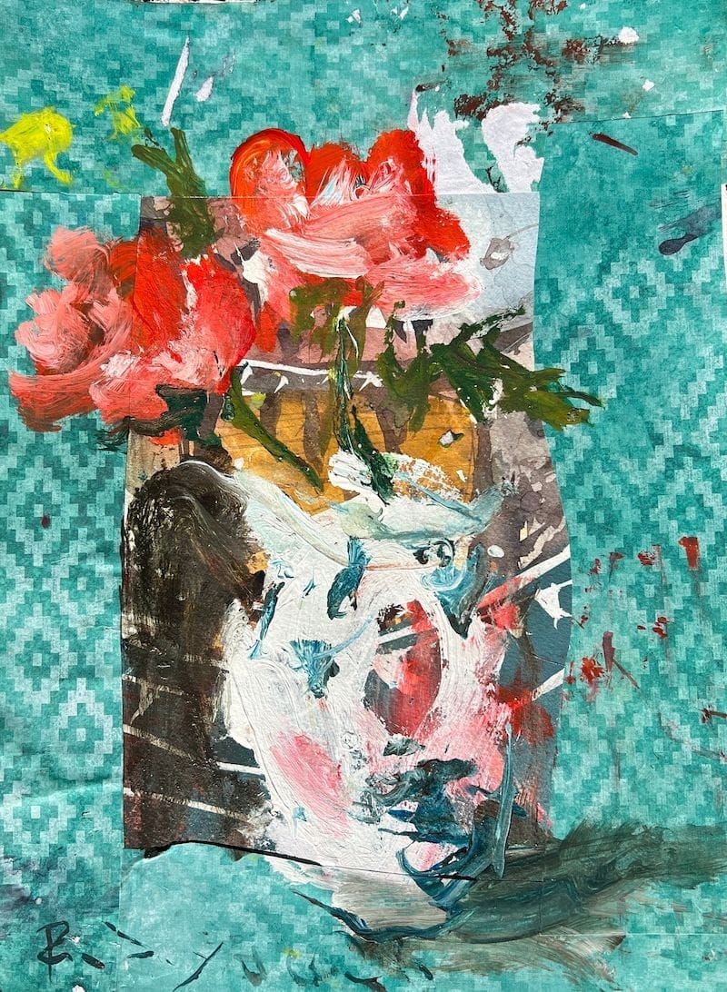 Completed mixed media floral painting with teal collage border, expressive red blooms, and loose brushwork.