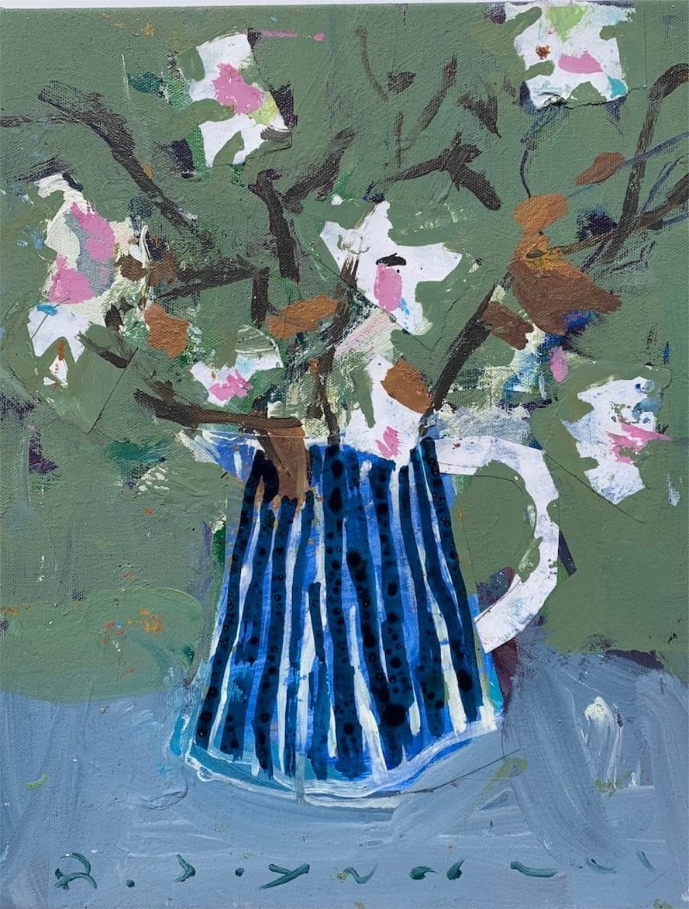 Completed mixed media floral still life with cool green background, collage vase, and white flowers