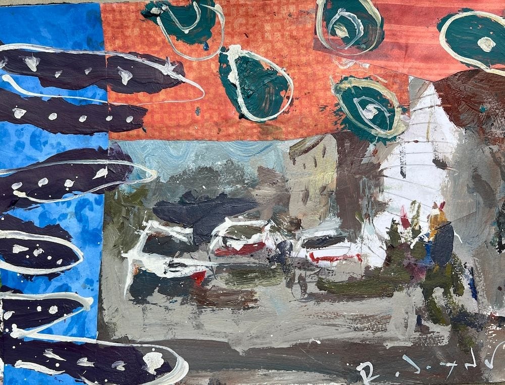 Completed cityscape with collage borders and bold painted patterns