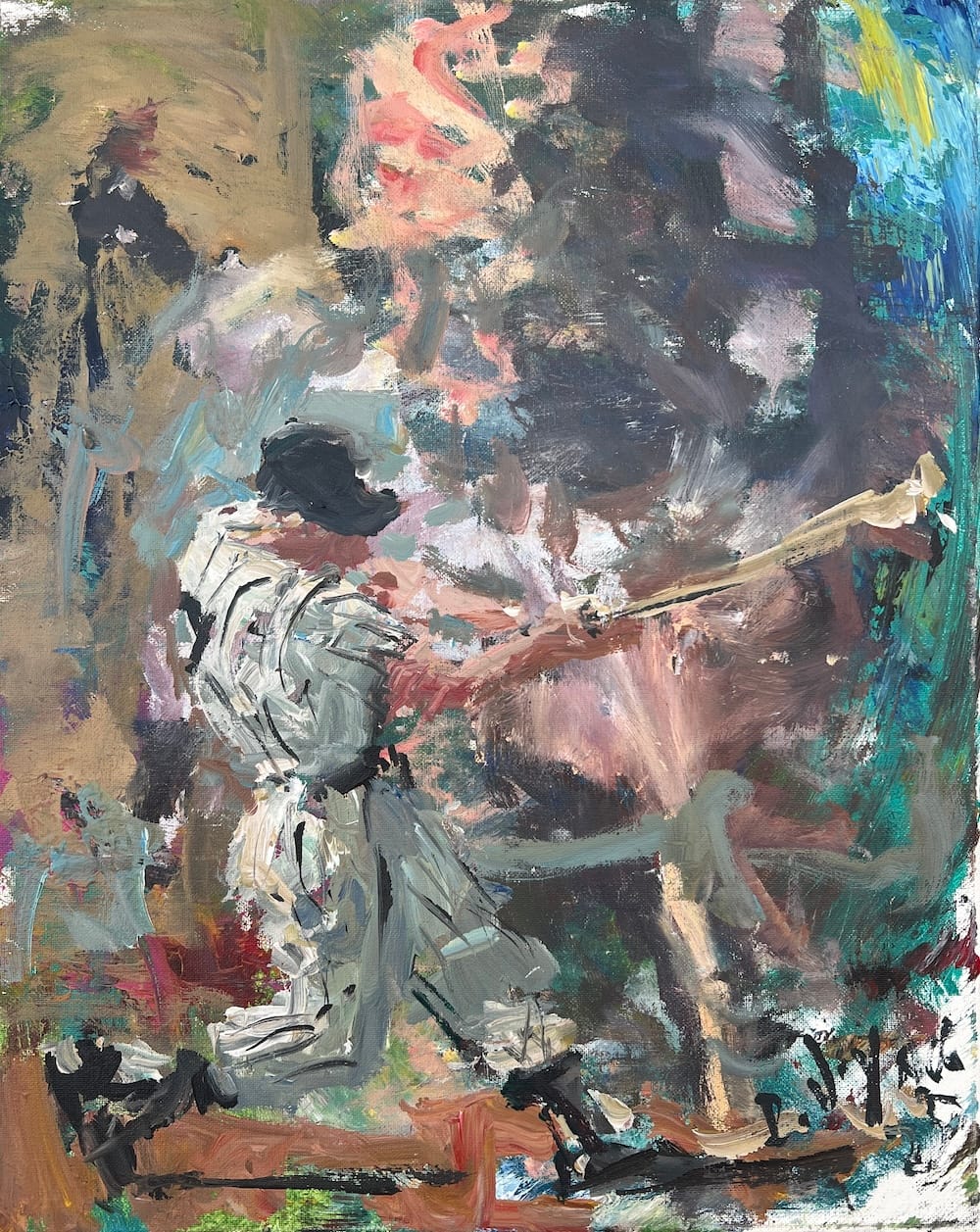 Original painting of Mickey Mantle batting for the New York Yankees by Robert Joyner