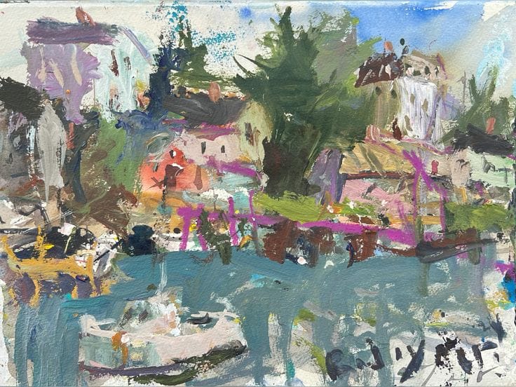 Vibrant mixed media landscape artwork by Robert Joyner combining crayons, acrylic, and watercolor.